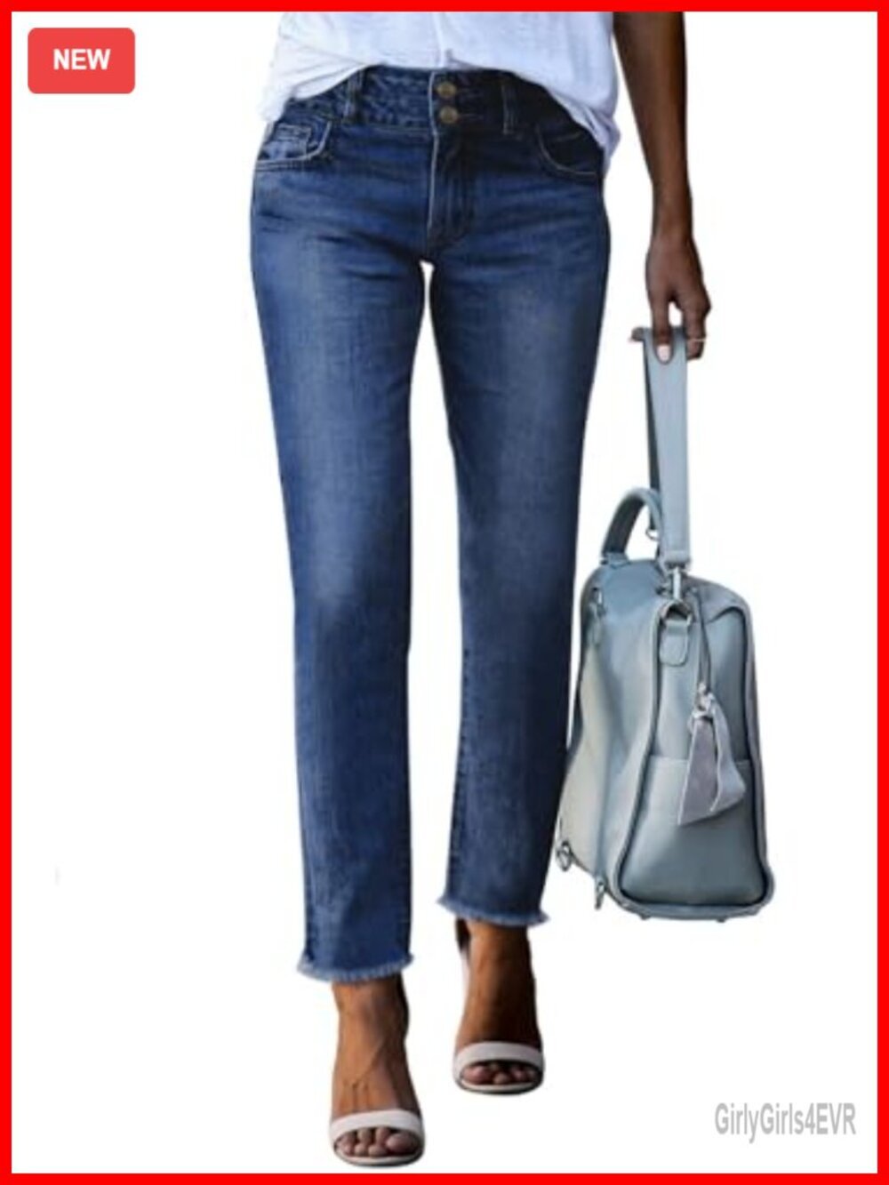 High Waisted Stretchy Raw Hem Straight Leg Ankle Jeans with Pockets